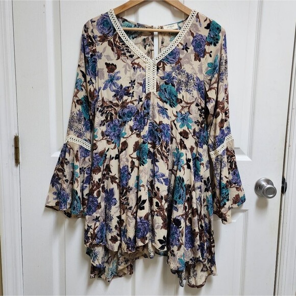 Umgee Dress S Blue Floral Mini Crochet Bell Sleeve Boho Cottagecore Peasant - Picture 1 of 9